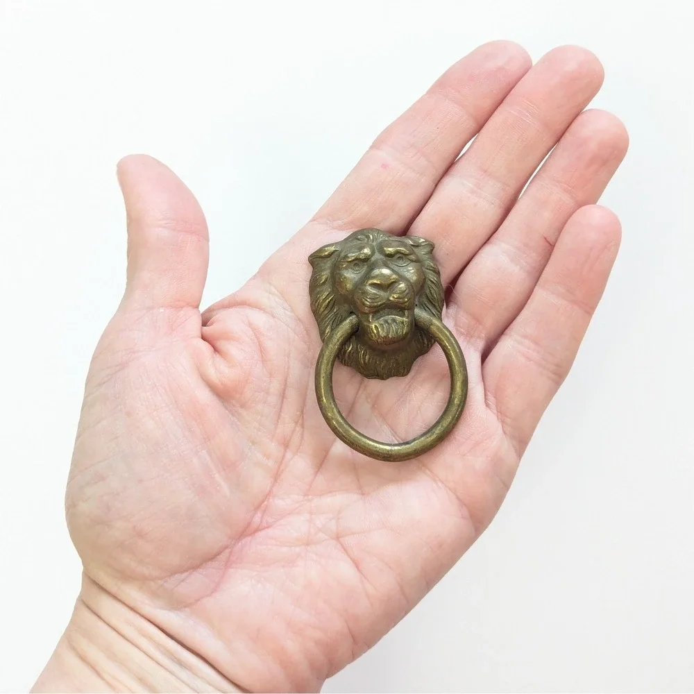 Vintage Antiqued Brass Lion Head Drop Ring Drawer Pull Furniture Handle 2.5